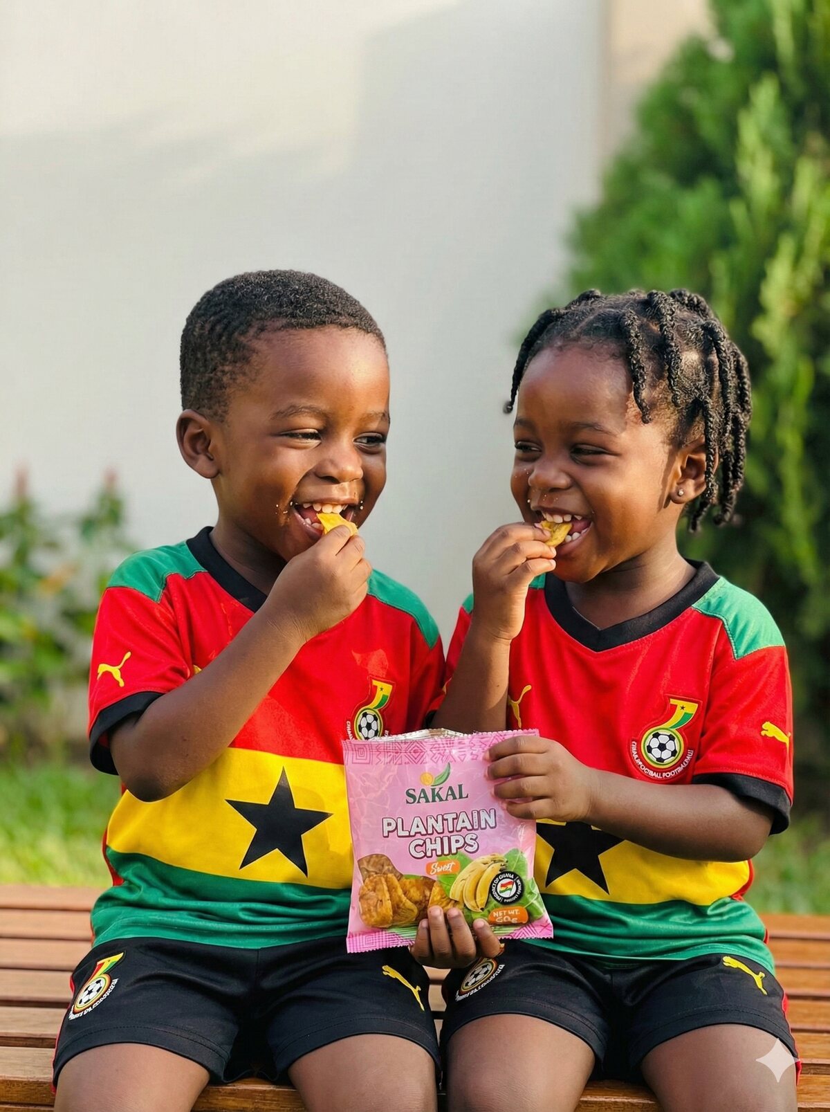 Two children in Ghana colours eating Sakal Plantain Chips on a bench